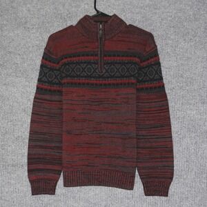 Method Mens Red Black Marled Fair Isle Quarter Zip Sweater‎ Size L